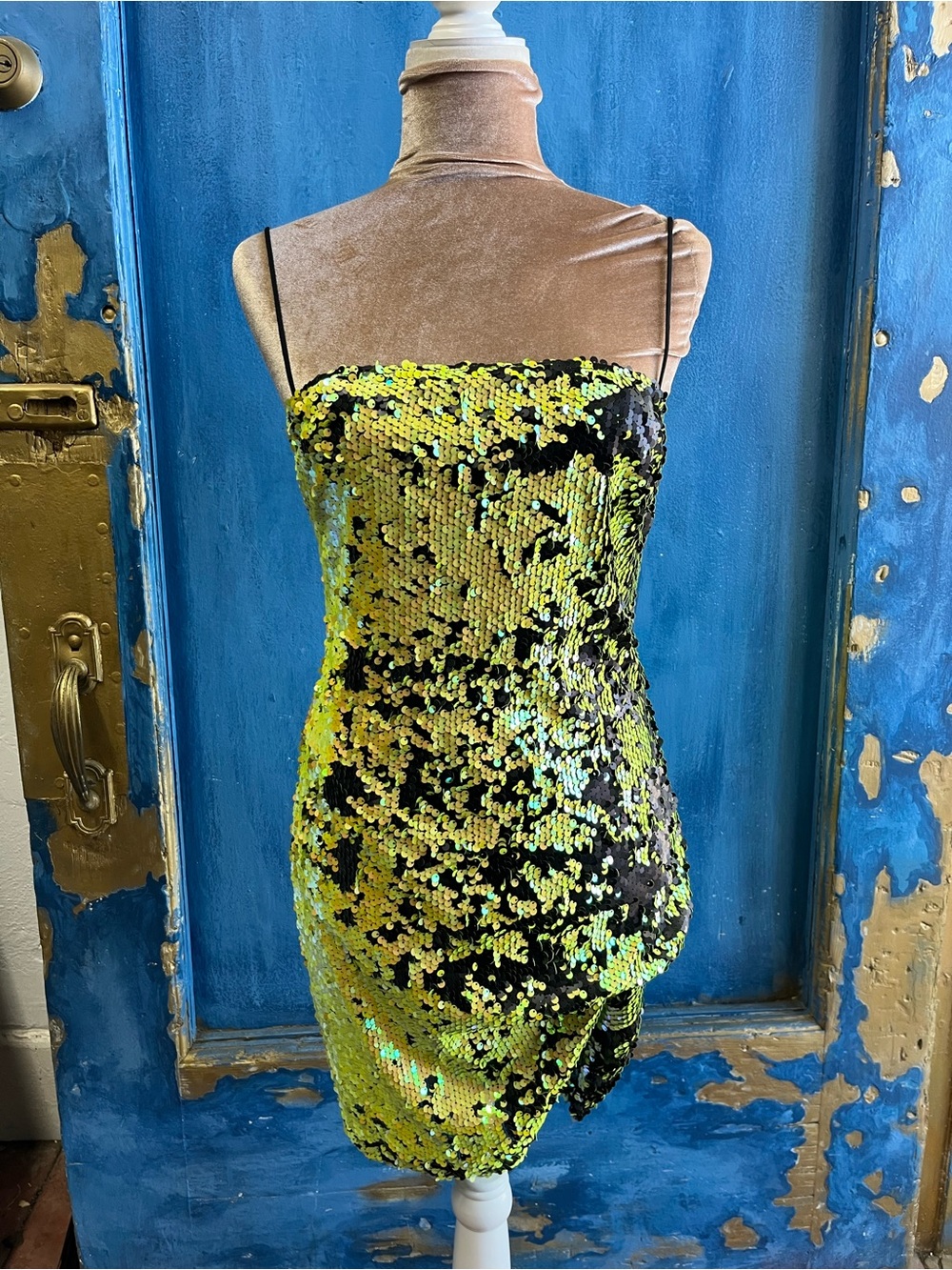 Dolls Kill Neon Yellow and Black Reversible Sequin Strapless Mini Dress